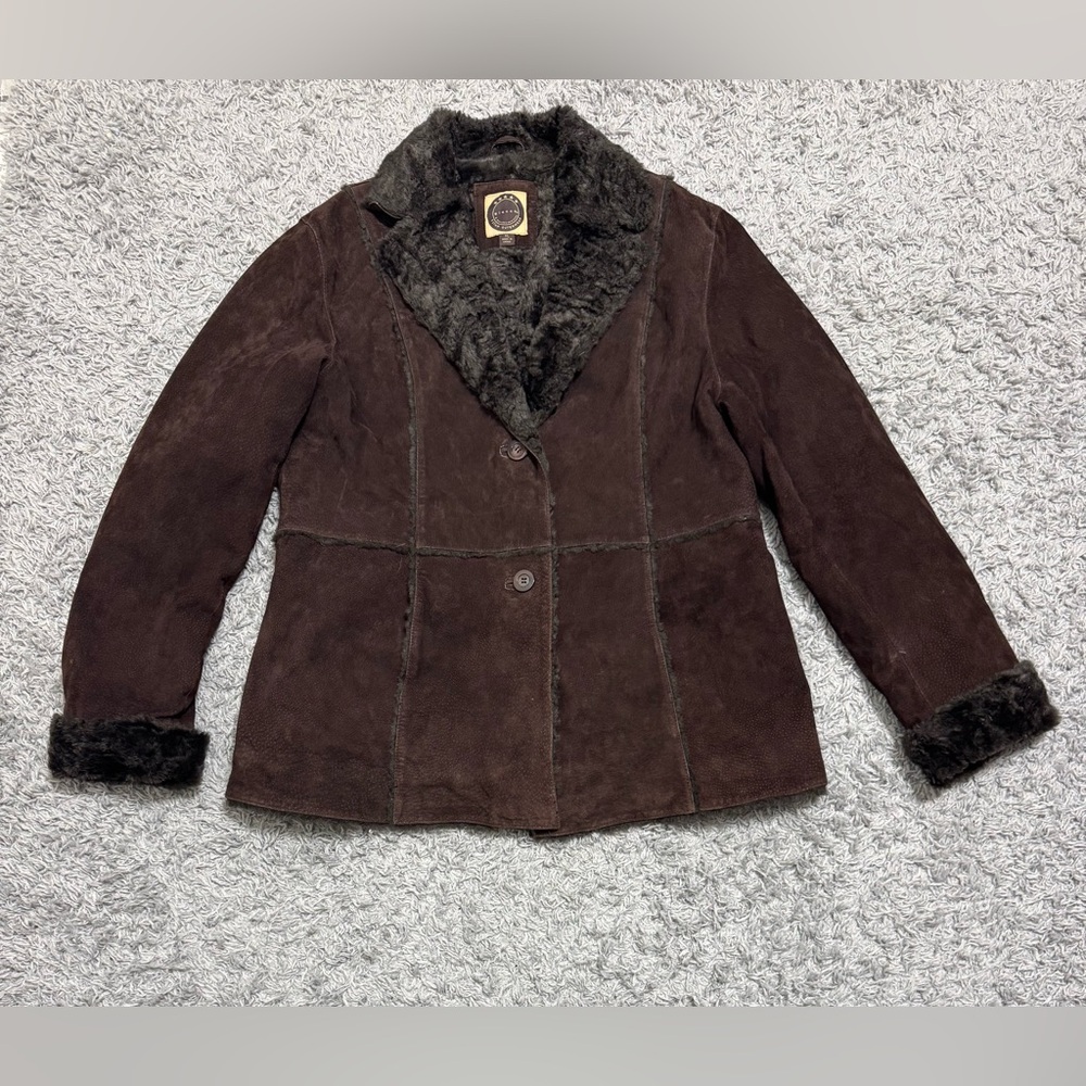 Giacca chocolate brown sueded genuine leather and faux fur coat size XL